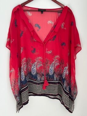 Lane Bryant Red Sheer Paisley Tassel V-Neck Tunic Coverup Poncho Size 14/16